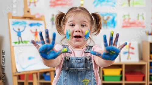 Cute little girl down syndrome with blue paint on her hands and face, looking at the camera and smiling, having fun while painting.