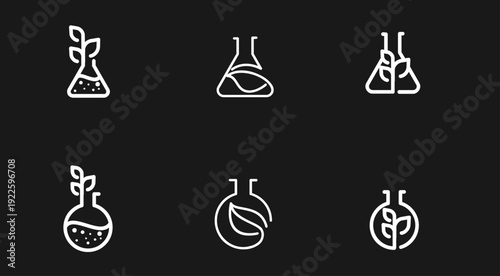 Science and Nature Line Art Icons: Laboratory Flasks with Growing Plants and Leaves