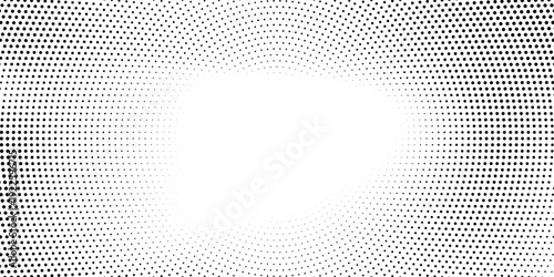 Halftone radial dotted background. Square dots comic gradient texture. Concentric fading gradation wallpaper. Black white rough grit overlay. Grunge gritty circular pop art cartoon backdrop. Vector