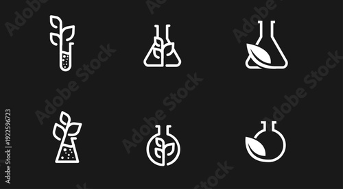 Biotechnology and Organic Science Icons Set. Minimalist line art logos featuring laboratory flasks and test tubes combined with plant leaves and sprouts
