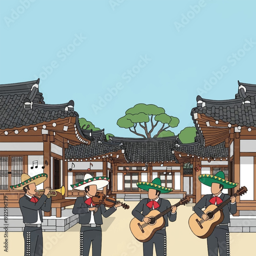 Mariachi musicians playing traditional Mexican instruments.