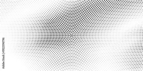 Halftone radial dotted background. Square dots comic gradient texture. Concentric fading gradation wallpaper. Black white rough grit overlay. Grunge gritty circular pop art cartoon backdrop. Vector