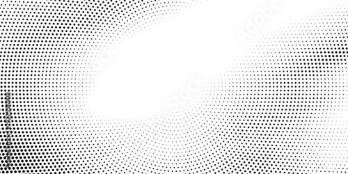 Halftone radial dotted background. Square dots comic gradient texture. Concentric fading gradation wallpaper. Black white rough grit overlay. Grunge gritty circular pop art cartoon backdrop. Vector