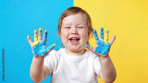 Happy toddler down syndrome with painted hands smiling brightly against a blue and yellow background, expressing joy and creativity.
