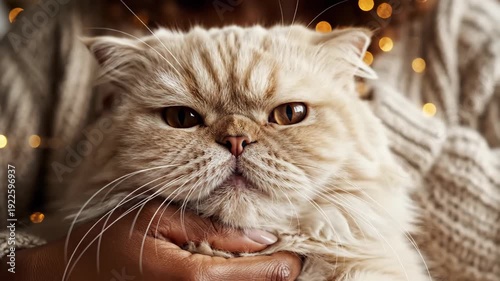 A close-up, warm, and inviting portrait of a grumpy-faced, fluffy Persian cat being held by someone indoors during a festive holiday season with bokeh lights in the background.