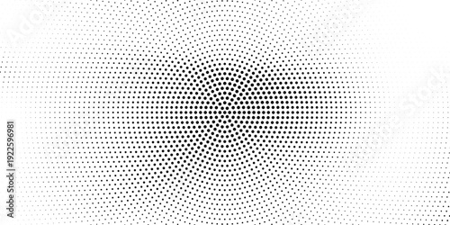 Halftone radial dotted background. Square dots comic gradient texture. Concentric fading gradation wallpaper. Black white rough grit overlay. Grunge gritty circular pop art cartoon backdrop. Vector