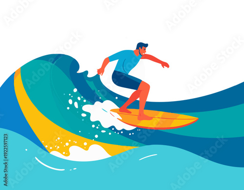 Flat vector illustration of person surfing on wave