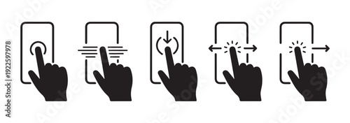 Smartphone touchscreen gesture set featuring tap swipe scroll and drag movements for mobile application design