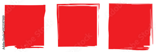 Set of Red Grunge Square Brush Frames. Collection of six rough red square brush stroke frames isolated on white background, ideal for grunge designs, posters, and social media templates.