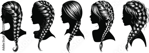 Vector Set of Silhouette Woman Profiles with Different Braided Hairstyles French Braid Dutch Braid Fish Tail and Elegant Hair Styling