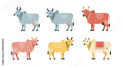 Sacred Indian Cow Vector Set with Traditional Ornaments for Hindu Festivals