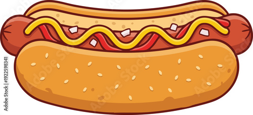 Vector illustration of a cartoon hot dog with bun and toppings in a fast food style