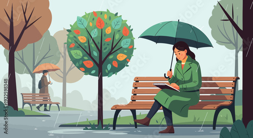 Woman reading under umbrella on park bench in rain.
