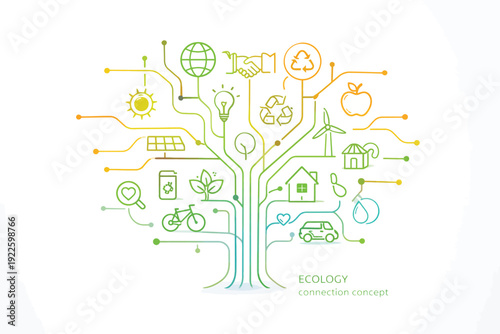A green eco house icon and city concept illustration featuring a tree and heart shape to represent a sustainable business network, social media technology, and global home design
