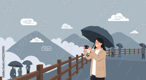 Woman with umbrella enjoying a rainy day in the mountains.