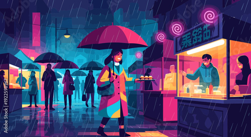 Woman with umbrella walking through a vibrant rainy night market.