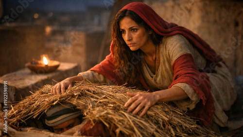 Rahab Hiding Two Israelite Spies on the Rooftop Under Flax from Soldiers