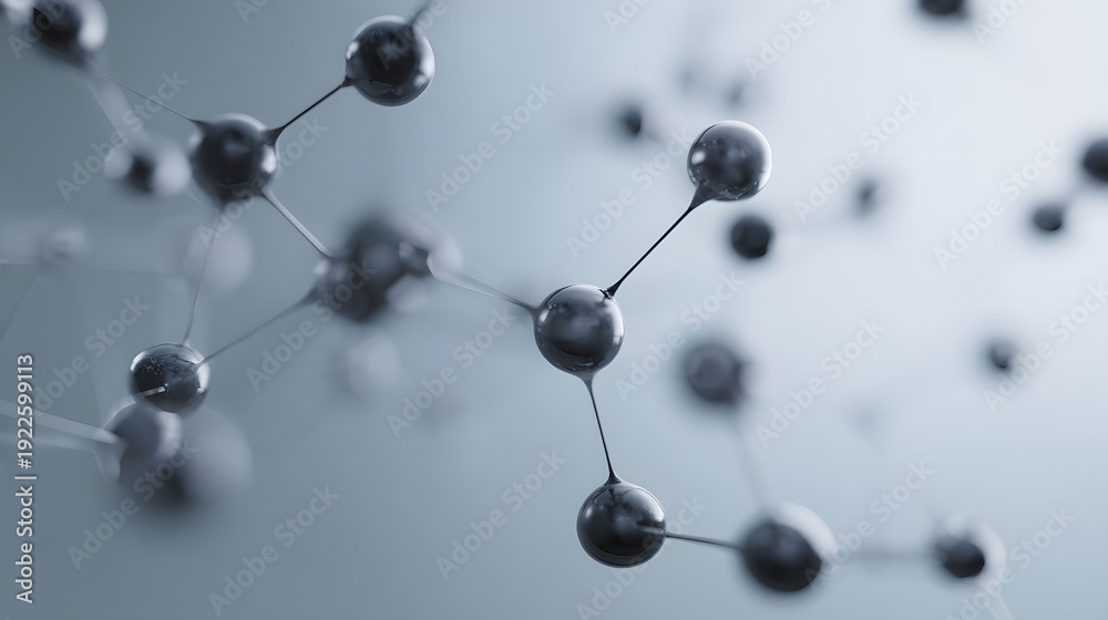 Obraz premium Abstract Molecular Structure with Glossy Glass Spheres on Light Grey Background. Concept of Biotechnology, Chemistry, and Scientific Innovation.