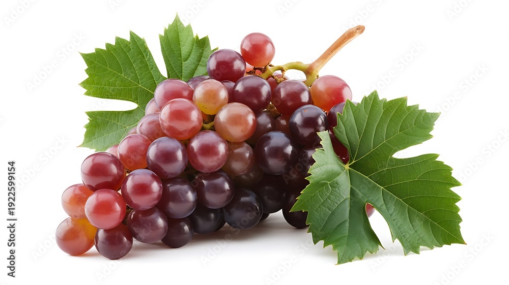 Fototapeta premium Fresh red grapes with green leaves on white background