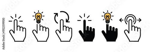 Hand click gesture icons with lightbulb idea symbols and interaction signs for creative technology solutions
