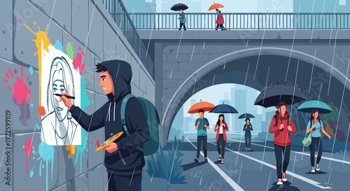 Young male artist creating graffiti art on a wall.