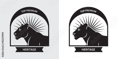 Premium Heritage Lioness Profile Logo with Sunburst and Ribbon