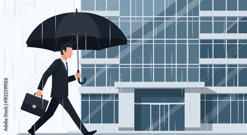 Businessman walking with an umbrella in the rain.