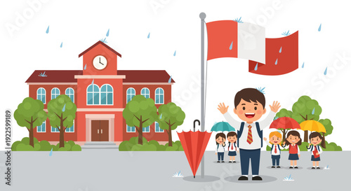 Happy Peruvian students with umbrellas in front of school.