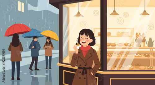 Happy woman enjoying a sweet treat outside a bakery on a rainy day.