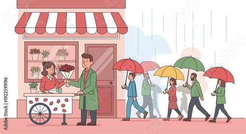 Man buying flowers from a street vendor on a rainy day.