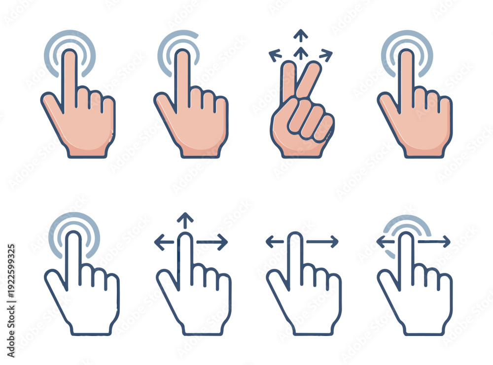 Fototapeta premium Set of vector hand cursor and finger gestures icons in line art style with pastel colors