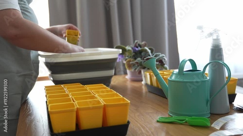 Filling a pot with soil for seedlings, close-up of hands
