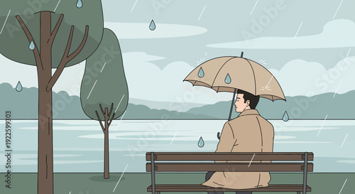 Man sitting on a bench with an umbrella in the rain.