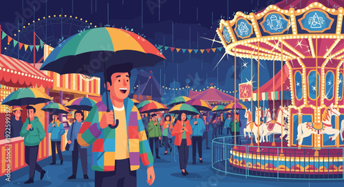 Man with colorful umbrella enjoying a rainy night at a vibrant carnival.