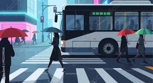 People crossing a street with umbrellas in an urban setting.