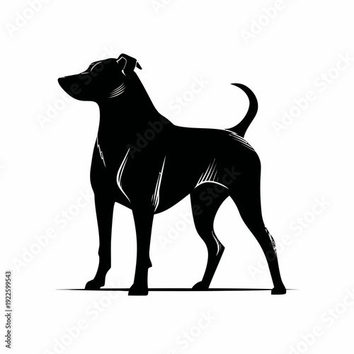 A black vector silhouette of a dog standing in a neutral environment.