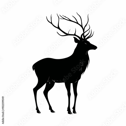 A black silhouette vector illustration of a deer with antlers on white background