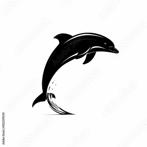 A black vector silhouette of a dolphin jumping out of the water in a natural environment.