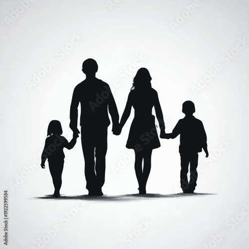 A black vector silhouette of a family with two children walking hand in hand.