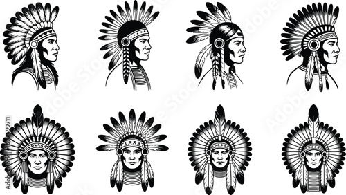 Vintage black ink linocut collection of Native American chiefs featuring traditional feather headdresses in detailed engraving style for cultural design