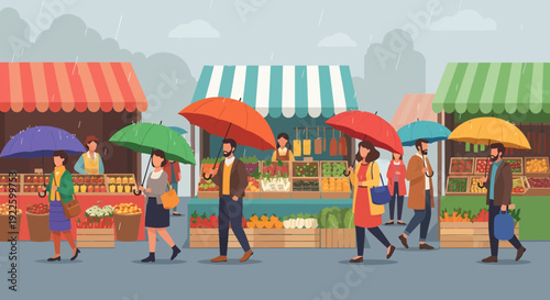 People walking with umbrellas at an outdoor market on a rainy day.