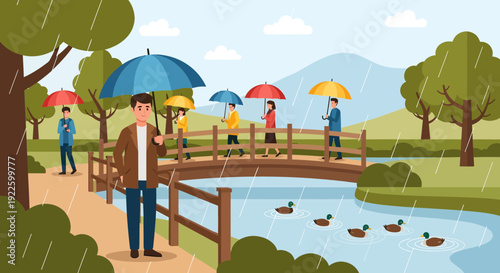 People walking with umbrellas in a park on a rainy day.