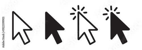 Computer arrow cursor set featuring black and white mouse pointer icons with clicking animation effect symbols