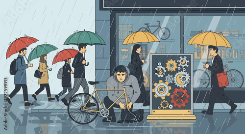 People walking with umbrellas on a rainy city street 1.