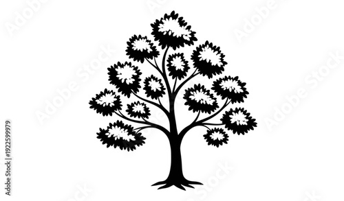 Artistic leafy tree silhouette with wide canopy and natural asymmetrical branches isolated on white background
