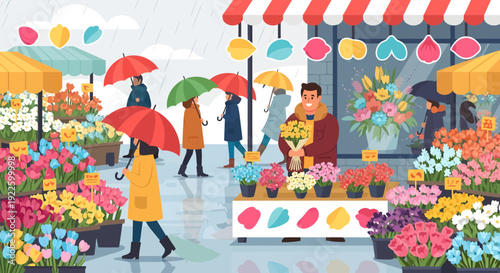 People with umbrellas at a vibrant outdoor flower market on a rainy day.