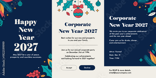 Corporate New Year 2027 Invitation Set – Modern Floral Decorative Designs with Event Details for Professional Greeting Cards, Posters, and Celebration Announcements