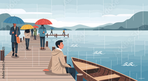 People with umbrellas on a pier by a lake in the rain.