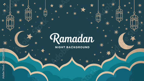 A Ramadan night background with lanterns and stars in the sky