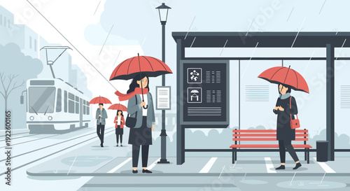 People with umbrellas waiting at a bus stop on a rainy day.